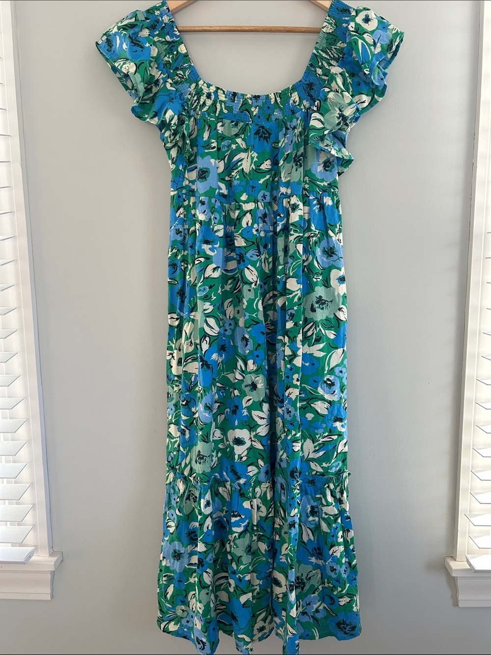 By the River Floral Off-Shoulder Maxi Dress in Blue & Green